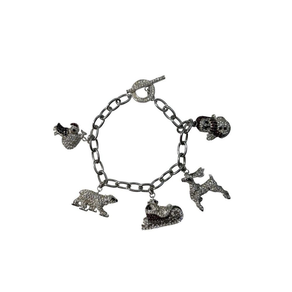 Vintage Signed Nadri 5 Charm‎ Rhinestone Christmas Winter Holiday Charm Bracelet